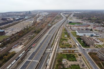 Aerial view of Gary, more or less directly above my launch point, looking down I-90 in the eastbound direction.