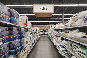 Domestics department, with pillows and mattress toppers.