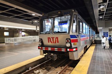 A Blue Line train at its western terminus at Tower City Center.