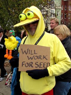 This person's outfit was designed to be somewhat reminiscent of Big Bird. This showed Big Bird as being out of work.