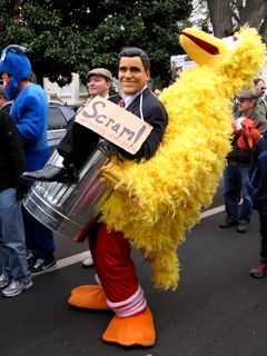 This was by far the best one of all as far as I was concerned, showing Big Bird taking out the trash - with Mitt Romney in the can. The person in the outfit was the top half of Mitt Romney (wearing a Mitt Romney mask), and also Big Bird's legs. Pretty neat.