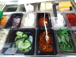 Various fixings for sandwiches and salads at Metro Cafe, a sandwich shop in the basement of my office building.