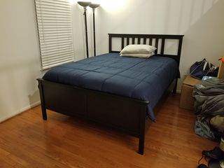 The bed is complete.  The mattress extends above the top of the footboard by about six inches, which was a bit too tall for me.  I swapped the box spring out for a lower profile one by the same manufacturer, which brought my bed down to the height that I wanted.