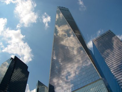 One World Trade Center, viewed from the 9/11 Memorial.