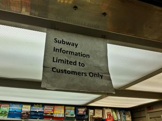 As we made a transfer, we spotted this sign on a vendor's stand in the subway system: "Subway information limited to customers only". I guess, with his being located in a very busy (and complex) part of the subway system, a lot of questions about the subway come with the territory.