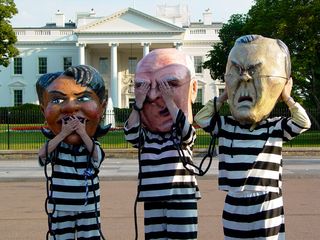 During the speeches, Condoleezza Rice, Dick Cheney, and Donald Rumsfeld played innocent with the classic see-no-evil, hear-no-evil, speak-no-evil bit...