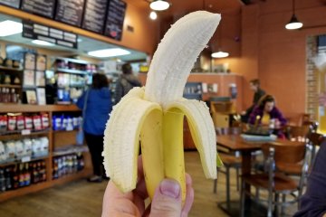 We later went to Frederick Coffee Company, where I had a banana.  The banana was pretty good, and then we put the peel on the ground (don't slip!) for a photo before disposing of it properly.