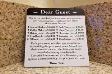 Sign in our room at the Residence Inn in Harrisburg, advising guests of charges that would be assessed for missing linens.