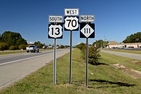 Signs for US 13, US 70, and NC 111 in Goldsboro, North Carolina