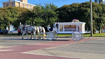 A casket, carried in a horse-drawn carriage, leading the funeral procession traveling eastbound on East Wythe Street in Petersburg.