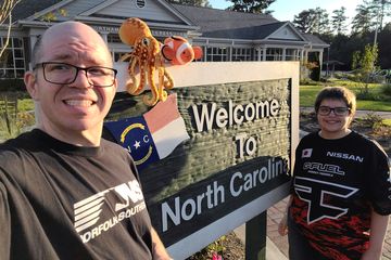 Family portrait!  Me, Woomy, David (the orange clownfish), and Elyse all pose with the North Carolina sign.  As per usual, Woomy didn't like the North Carolina sign, and David was just unimpressed by it all.