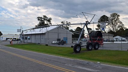 A Reinke center pivot irrigation rig on display.