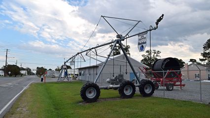 A Reinke center pivot irrigation rig on display.