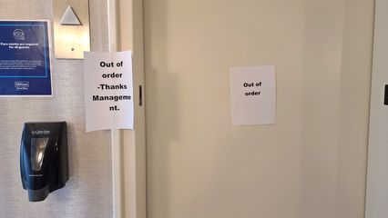 The left elevator was offline this morning, after it had broken down the night before.  It would be out of commission for the remainder of our visit, as a service technician would not arrive until Monday.