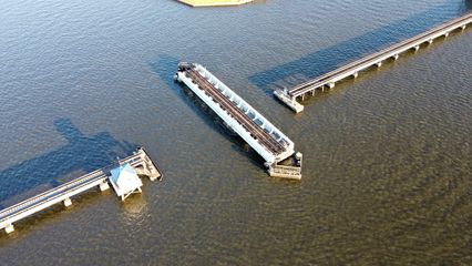 Swing bridge carrying a Norfolk Southern track across the Trent River.