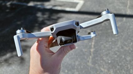 The drone, immediately after recovery, with the cracked camera mount.