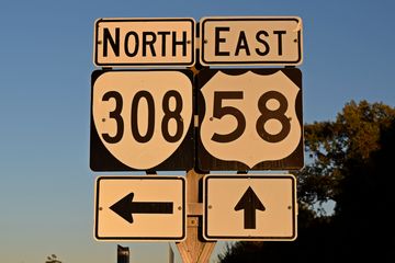 Signage at the intersection of routes 58 and 308.