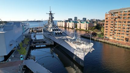 The USS Wisconsin as viewed from the air.