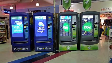 Lottery vending machines straddling the border, selling North Carolina and Virginia lottery tickets on their respective sides.