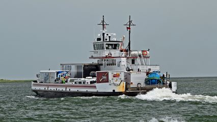 The Hatteras, a River-class ferry carrying, among other vehicles, beer and snack food trucks.
