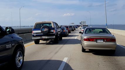 Traffic backup leading up to and on the bridge.