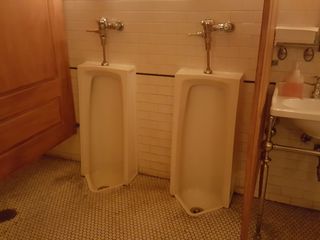 Vintage restroom at the Can Can Brasserie in Carytown.  Those full-length urinals remind me of elementary school.