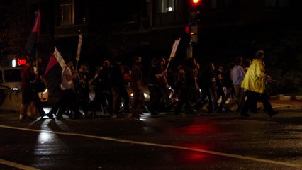 The black bloc that reorganized east of the police lines marched southeast along Pennsylvania Avenue in more or less single file.