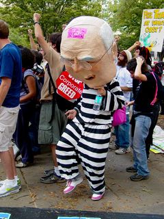 Even "Dick Cheney" got into it, boogeying to the music. Note "Dishonorable DICK" written on pink tape on the top of Dick Cheney's head this time around.