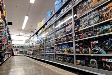 In the toy department, we were surprised to see the Lego sets secured behind locked doors with a call button in order to summon an employee to get one out of the case.