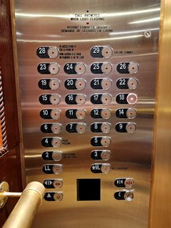 The button panel on one of the hotel elevators, with access to all 29 floors.  Unlike the Chelsea in Toronto, I appreciated that the same elevators served all of the floors, rather than the weird split block design that the Chelsea uses, where different banks of elevators serve different levels of the hotel.