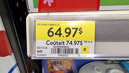 Shelf price labels.  Note the comma instead of a period as the separator between dollars and cents, as French-speaking Canada follows the European convention, which swaps the functionality of the period and the comma in numbers.