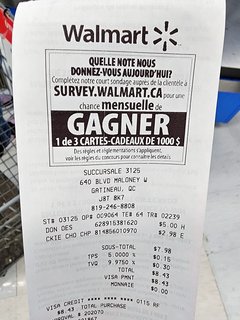 The receipt, meanwhile, was your typical Walmart receipt.  However, note the sales taxes, with a 5% federal sales tax and a 9.975% provincial sales tax, together adding nearly 15% in tax to my total - ouch!