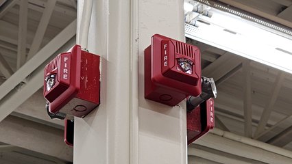 Fire alarm notification appliances at Walmart, consisting of Mircom horns and LED strobes.