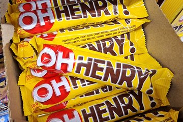 Oh Henry! candy bars.  I've only ever seen this brand in Canada, though its origins are American.