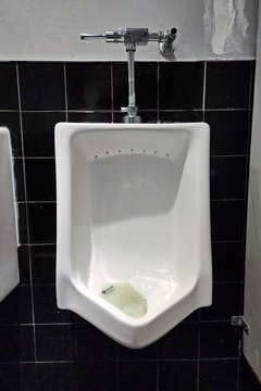 I also got photos of the urinals at the bowling alley, because of their strange looking flushometer.  I had never seen a urinal with such a square-looking flushometer before.  Definitely unique.