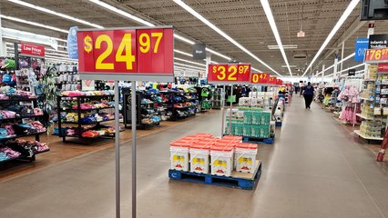 The price signs, seen here in the back action alley, were also unlike anything that I had seen before.  The red and yellow is typical for Canadian Walmart stores, but I've never seen them without some sort of header on them.