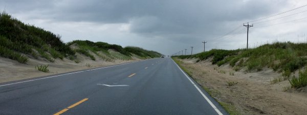 Heading south on Route 12 on Ocracoke Island, after getting through the rain.