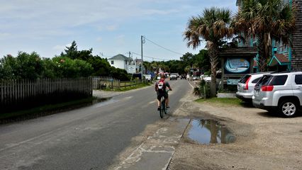 Route 12, also known as Irvin Garrish Highway through Ocracoke, in front of Oinc's. The road was less busy than on Hatteras Island, and contained a large number of cyclists.