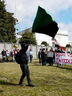 A gentleman in the middle of the area flew a green and black flag.