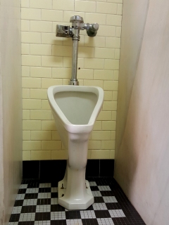 Vintage urinal, seen in 2016 (at left) and from my previous visit in 2003 (at right, different location in the church). Except for the automatic flusher, it is unchanged.
