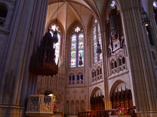 Elyse captured this view of the front of the sanctuary, showing the pulpit with its elaborately designed sounding board, as well as some of the organ pipes.