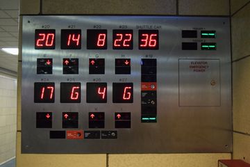 Elevator annunciator in the basement, showing the floor location of all of the elevators in the system.