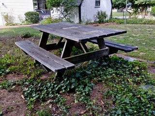 The picnic table in its usual location, prior to washing. Note the very dark color of the upper surfaces, and notice the markings from where the potted plants used to be. Would you ever want to eat at this table?