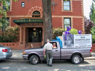 Epic win for Arnie Lerma! Lerma got a choice spot to park his truck with "BAN SCIENTOLOGY" on the sides - right in front of the Org. Boris Korczak then came over to congratulate him on his great placement.