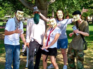 This raid also marked the first raid for JB (center), Anyman (far right), and a few others. Here, everyone's all smiles in Lafayette Square behind their Guy Fawkes masks.