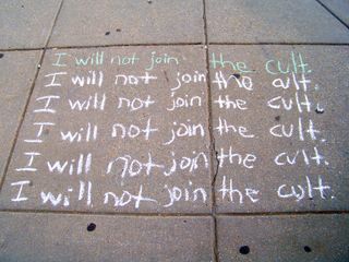 This time around, the sidewalk chalking took a school-like theme, as we wrote sentences saying, "I will not join the cult."