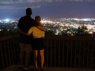 On July 27, I went to Roanoke.  There, I encountered a couple that was willing to pose for a few night photos at the star.  This was intended as a sequel to my original couple-at-the-star photo I took in March 2003 as part of my Mill Mountain Park By Night photo set.  However, the photos were for the most part unusable because the shadow of my tripod was visible in the shot.