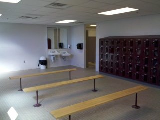 This is the old men's locker room in the gym. It looks very similar to how it did before, save for new finishes on everything as well as new lockers. I would dare say that this room probably looks better than it ever did, even when new.