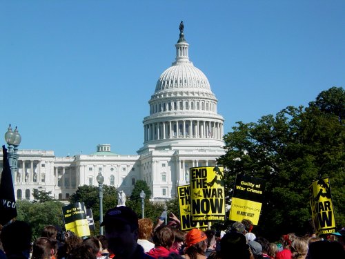 Anti-war protesters marching towards the United States Capitol on September 15, 2007.