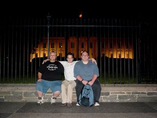 Finally, I joined the group, and Andy used Big Mavica to take a shot of the three of us. Note the big sunburn that I'd gotten at the protest earlier, and the backpack (as compared to Big Mavica's regular bag).